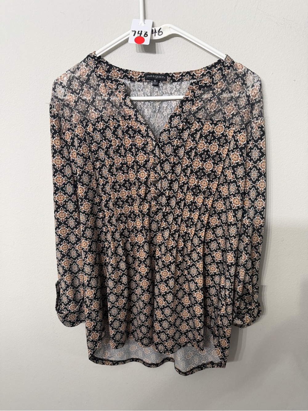 Women’s Ava & Grace Black Tan Floral Long Sleeve Tunic Blouse XL
